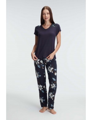 Anıl 9907 Kısa Kol V Yaka Kadın Viskon Çiçek Desenli Yazlık Örme Nakış Detaylı Pijama Takımı