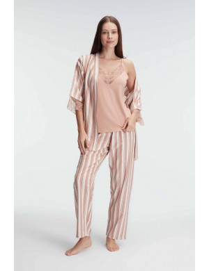Anıl 5821 İp Askılı V Yaka Kadın Viskon Çizgili Desenli Yazlık Örme Pijama Takımı Sabahlık