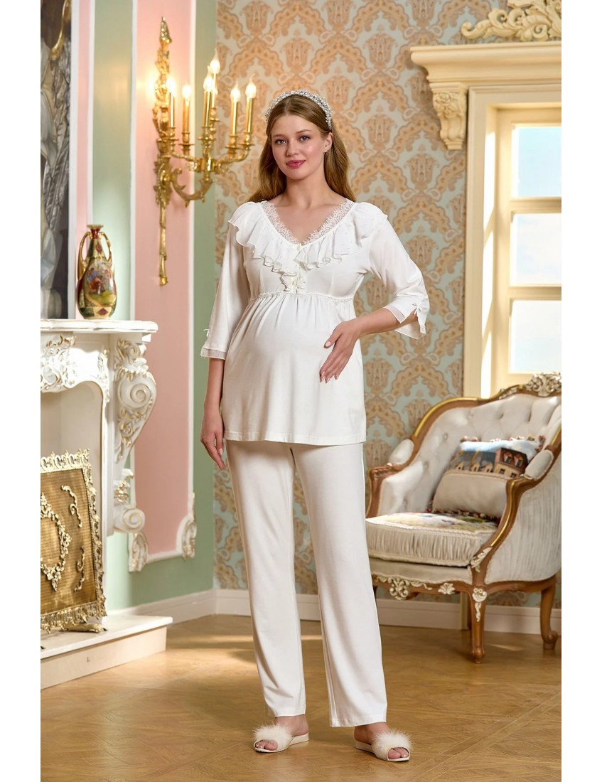 Aqua Dirsek Kol Dantel Detaylı Lohusa Sabahlık Pijama Takımı CossybyAqua 25137-25138