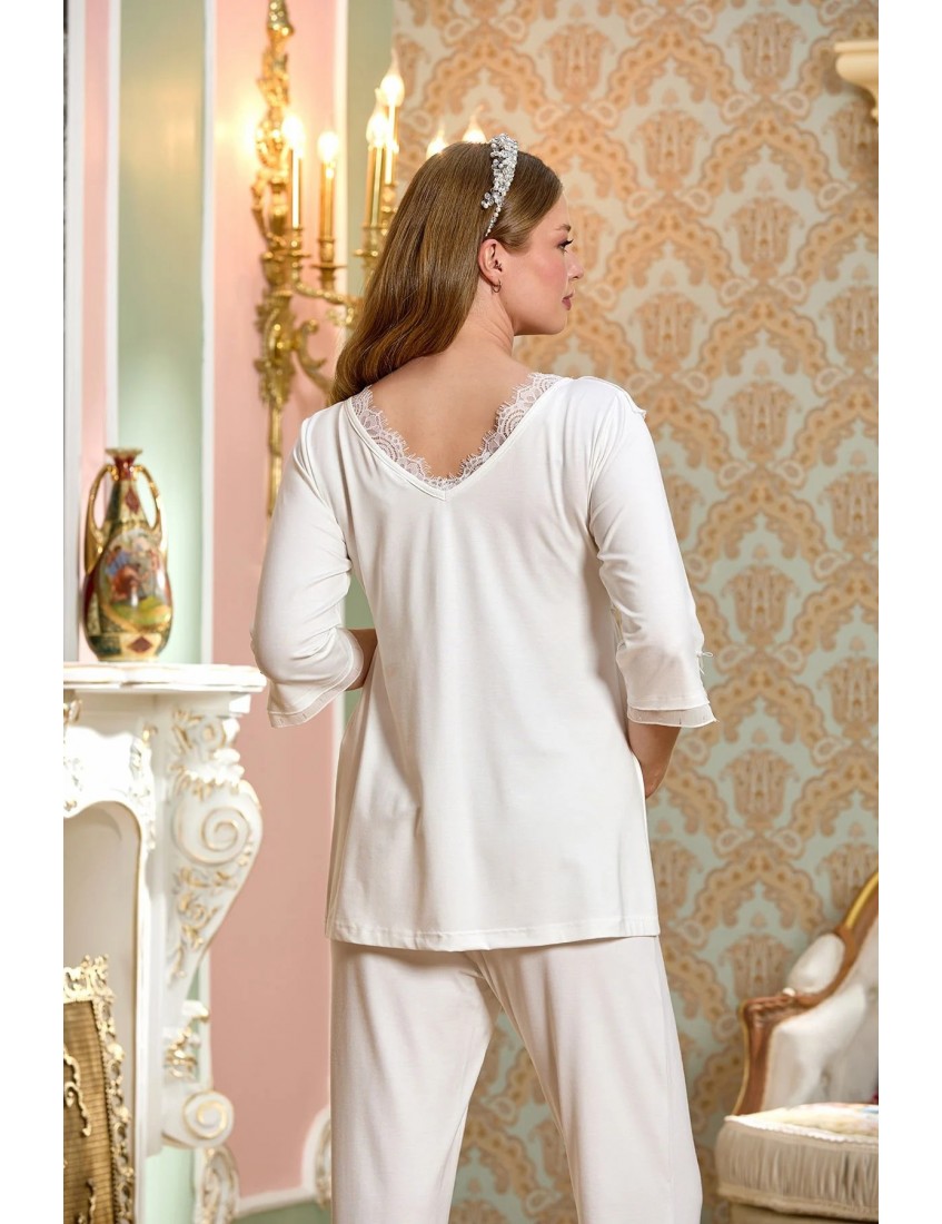 Aqua Dirsek Kol Dantel Detaylı Lohusa Sabahlık Pijama Takımı CossybyAqua 25137-25138