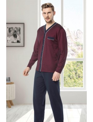 Boydan Düğmeli V Yaka Çok Rahat Pamuk Penye Pijama Takımı