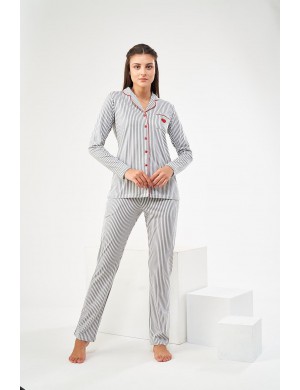 Pjs Pijama Kadın Çizgili Düğmeli Pijama Takım 22442