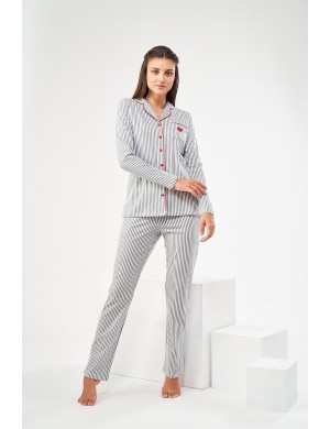 Pjs Pijama Kadın Çizgili Düğmeli Pijama Takım 22442