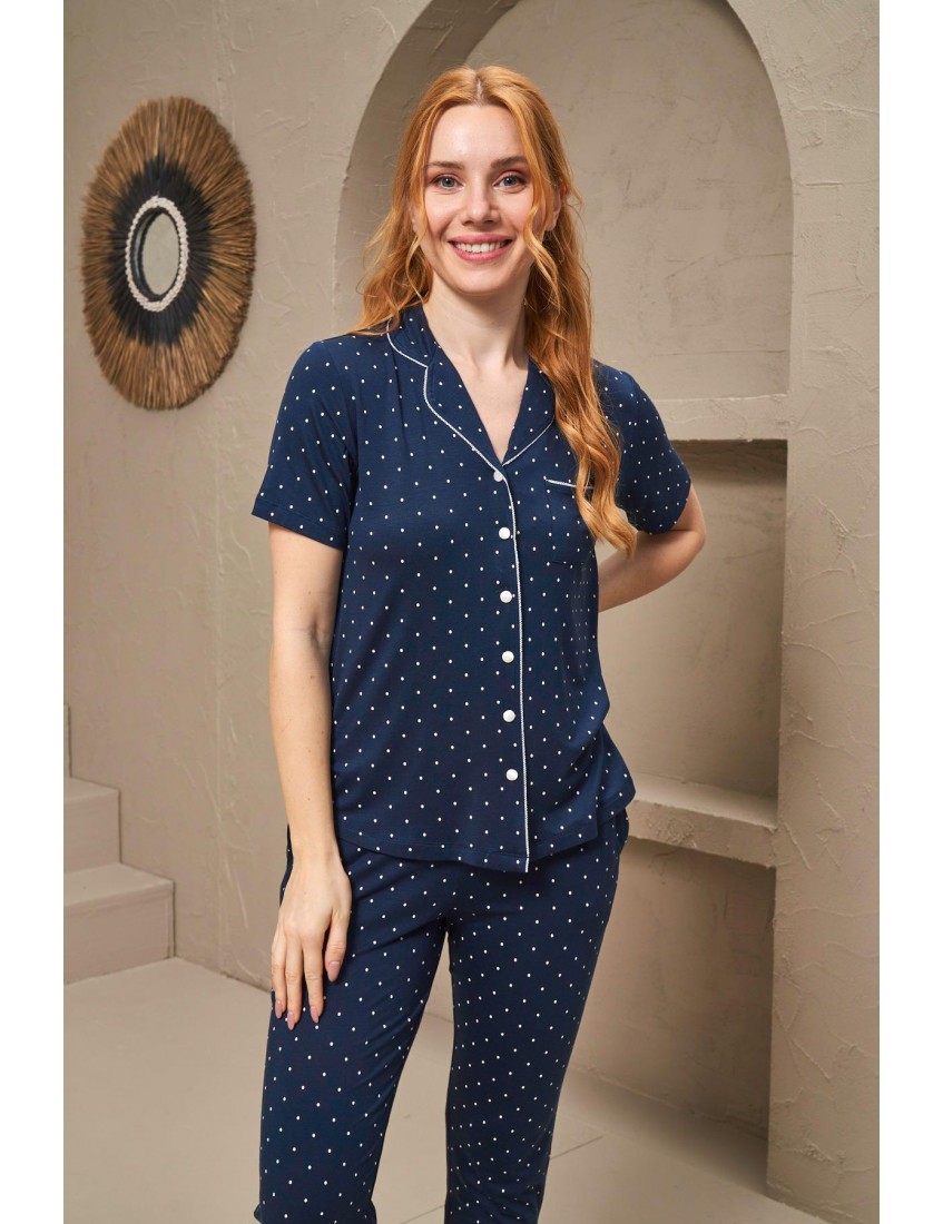 Pjs Pijama 25163 Kadın Yakalı Düğmeli Puanlı Kısa Kollu Pijama Takım